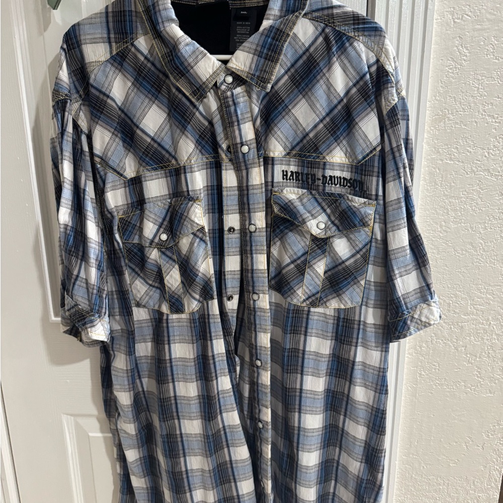 Harley-Davidson Blue and White Casual Button Down Shirt